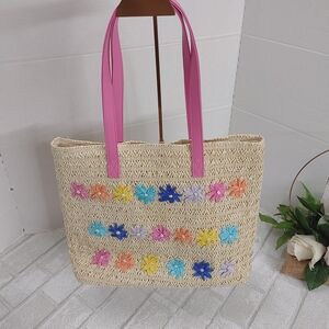 Cat & Jack Straw Tote with Pink Handles and Floral Design